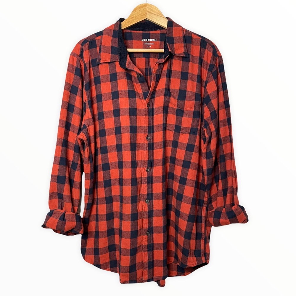 Joe Fresh Checkered Flannel Button Down Top Orange-Red and Navy Blue